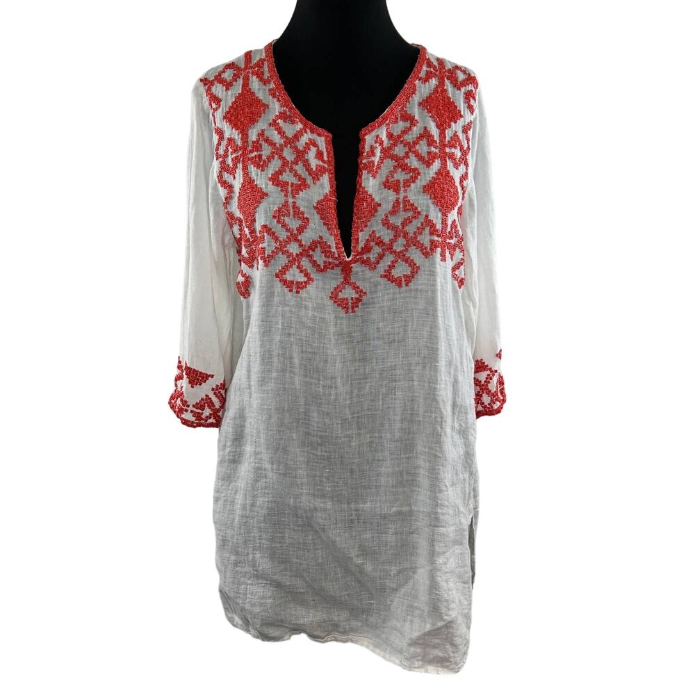 Calypso St. Barth White Linen Coral Beaded 3/4 Sleeve Kurta Tunic Top Sz Large L